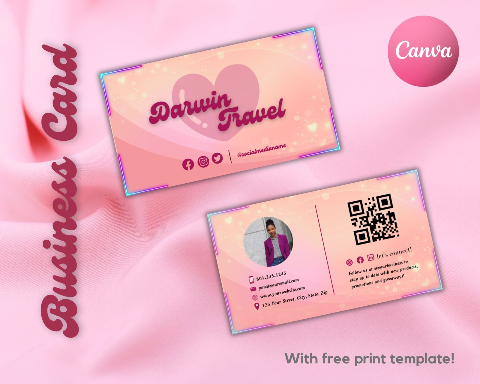 Printable Business Card Template Pink Retro Business Card