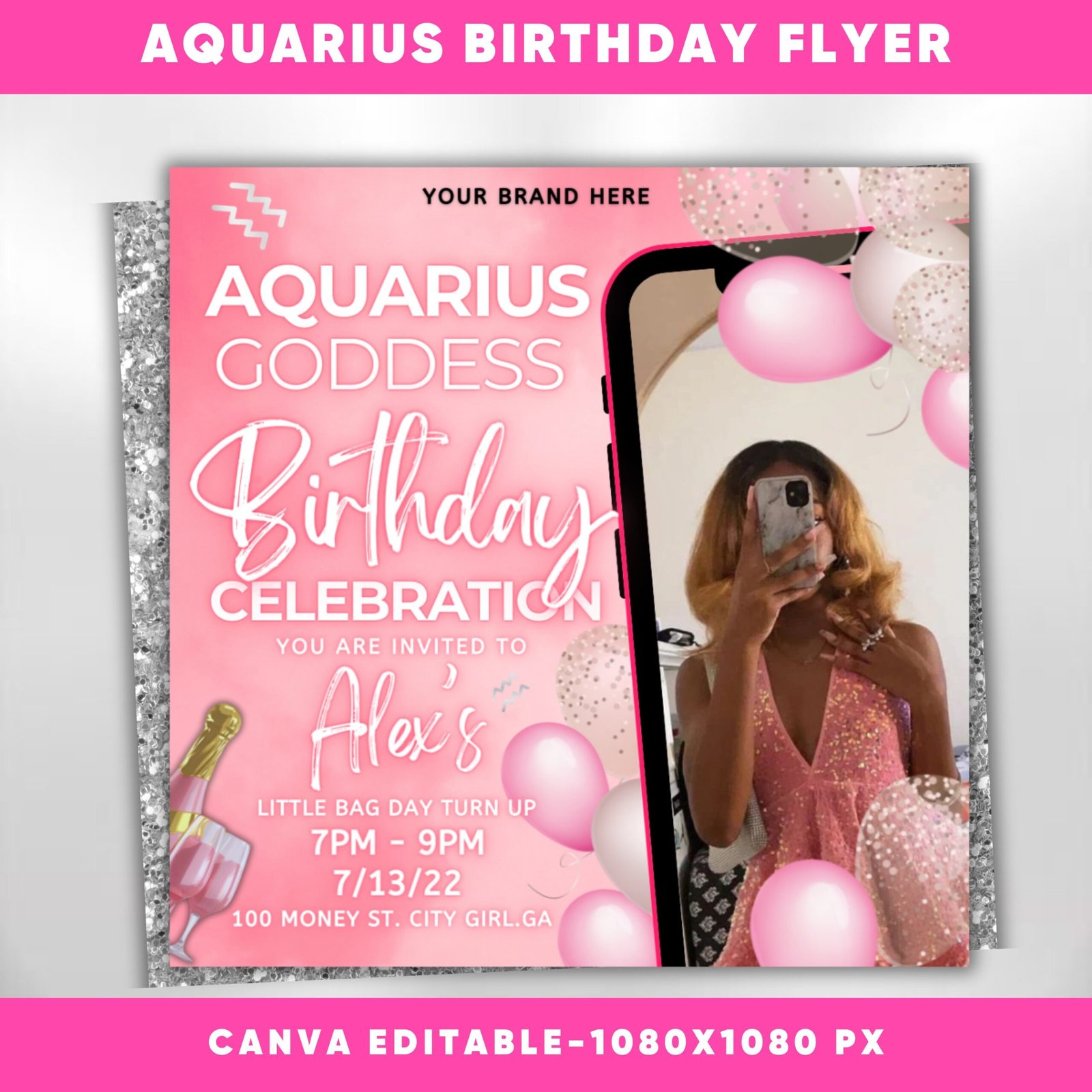 Aquarius Birthday Flyer Pink Birthday Template Birthday Girl