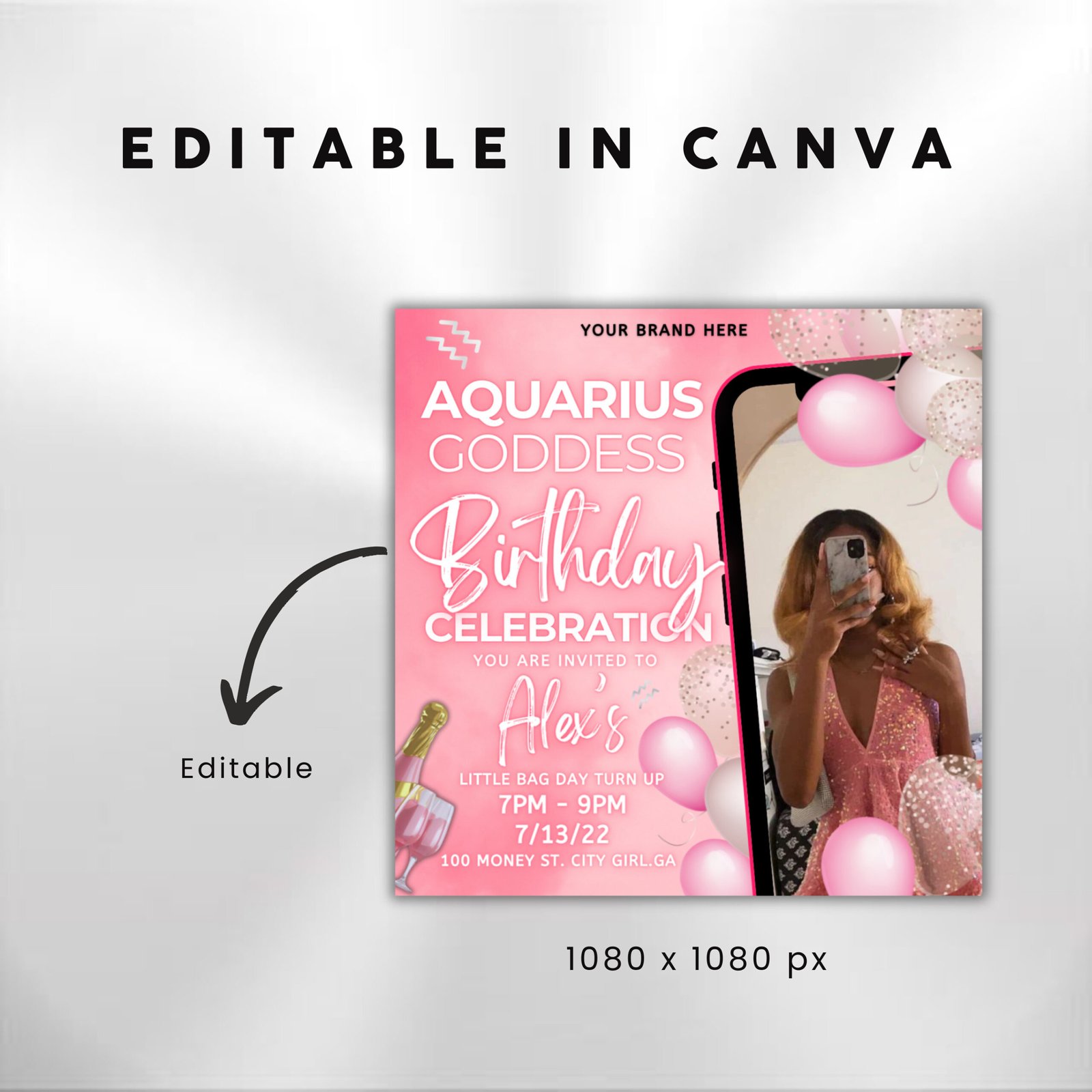 Aquarius Birthday Flyer Pink Birthday Template Birthday Girl - Image 3