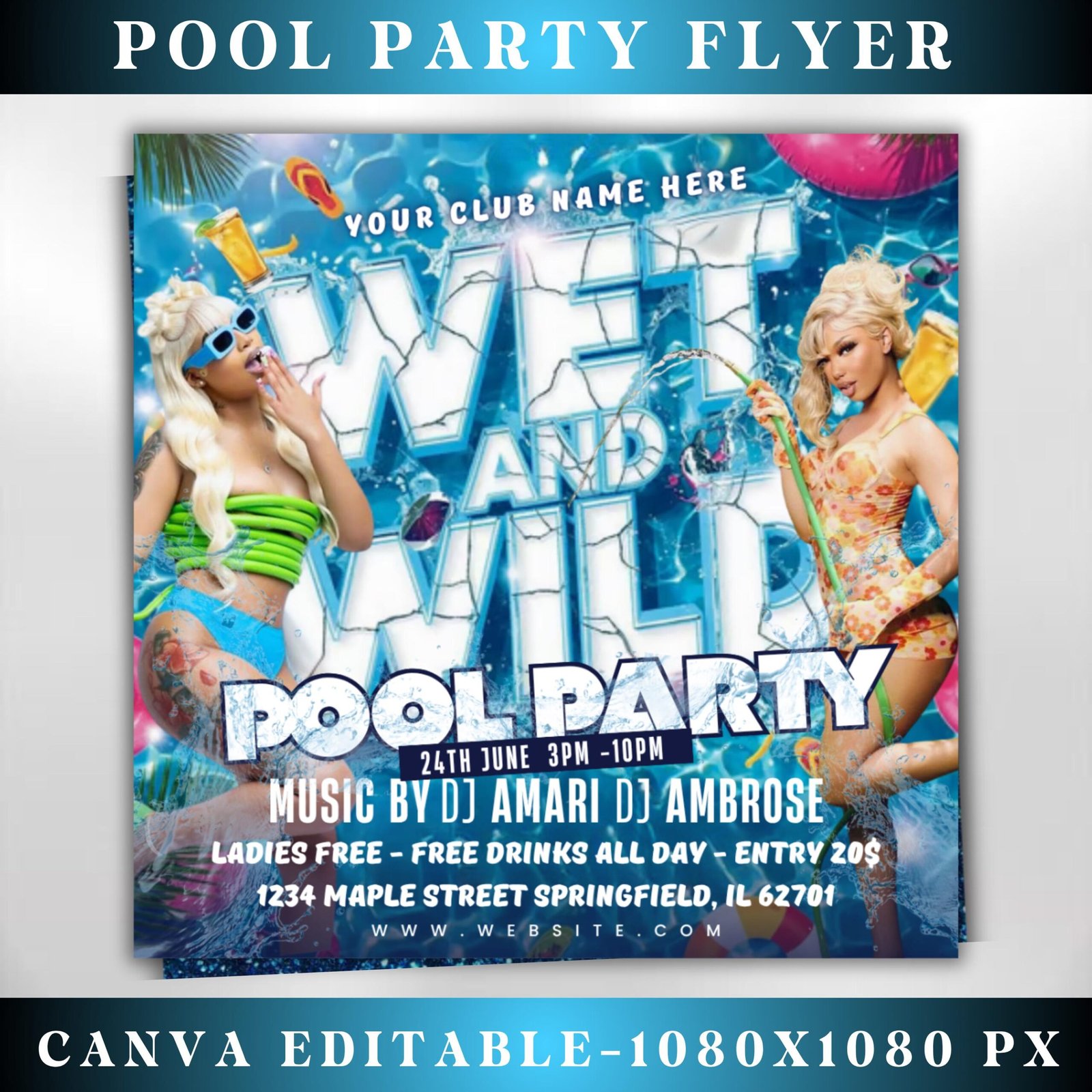 Wet And Wild Pool Party Flyer Summer Beach